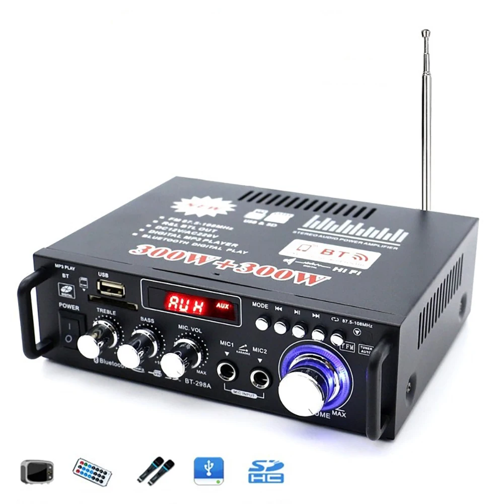 12V 220V LCD Display Digital Amplifier HIFI Audio Stereo Bluetooth FM 2CH AMP Car Home USB SD MP3 Player