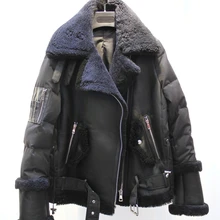 Зимняя женская мода из овечьего меха овчины шерсть спереди на белом утином пуху задняя байкерская куртка пальто