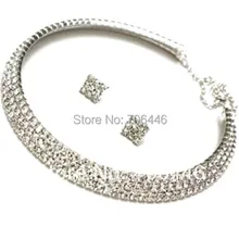 Серебряные Свадебные украшения наборы 3 ряда прозрачный горный хрусталь, страз Диаманте невесты колье ожерелье, серьги-пуссеты