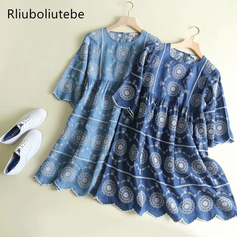 

Embroidery Denim Summer Dress Women Light Blue O Neck Half Sleeve Empire High Waist Short Jeans Elegant Dress Vestido Mujer