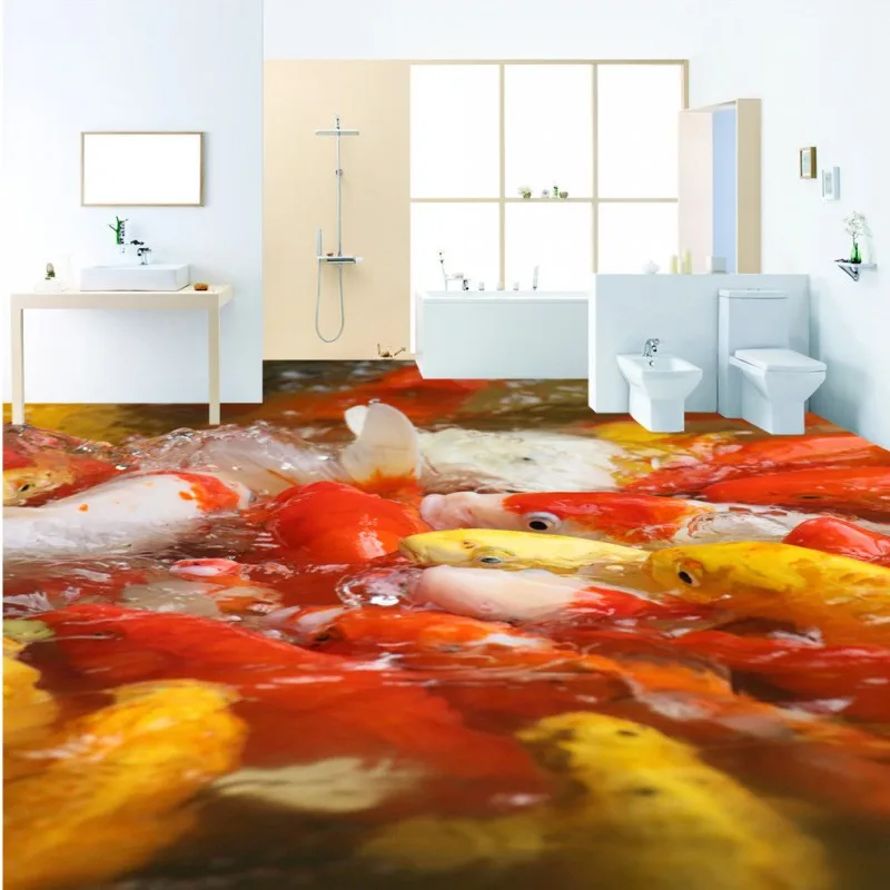 ФОТО Free Shipping Carp grab the 3D floor painting thickened waterproof bathroom living room bedroom kitchen flooring wallpaper mural