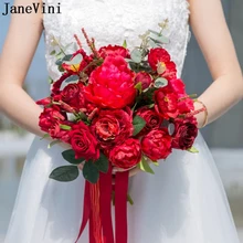 JaneVini Романтическая свадьба красные цветы букет лента ручка искусственный шелк розы цветы невесты для держания букетов Boeket Bloemen