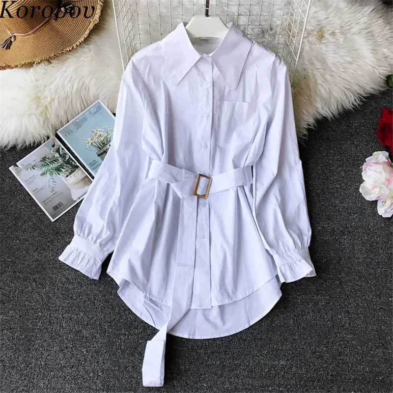 

Korobov Office Lady White Sashes Single Breasted Blusas Turn-down Collor Slim Korean Women Shirts Blouse New Mujer Shirt76730