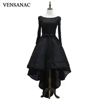 Vensanac 2018真珠oネックショートフロントロングバック弓サッシュロングイブニングドレスパーティーレース刺繍背中の開いたウエディングドレス