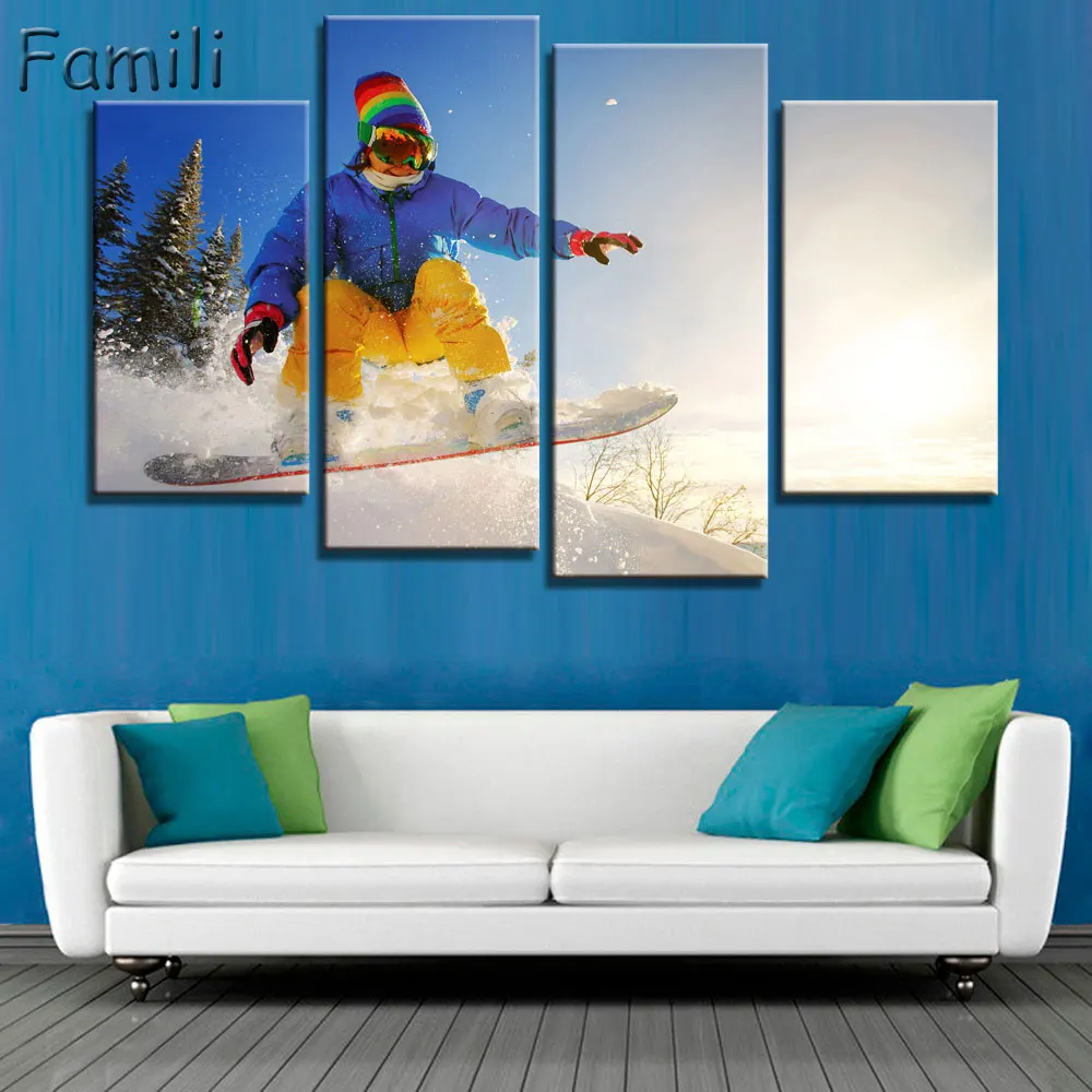 Hd مطبوعة 4 قطعة قماش الفن غرفة المعيشة جدار اللوحة الجليد الجليد التزلج الجبلية الحديثة الشحن المجاني