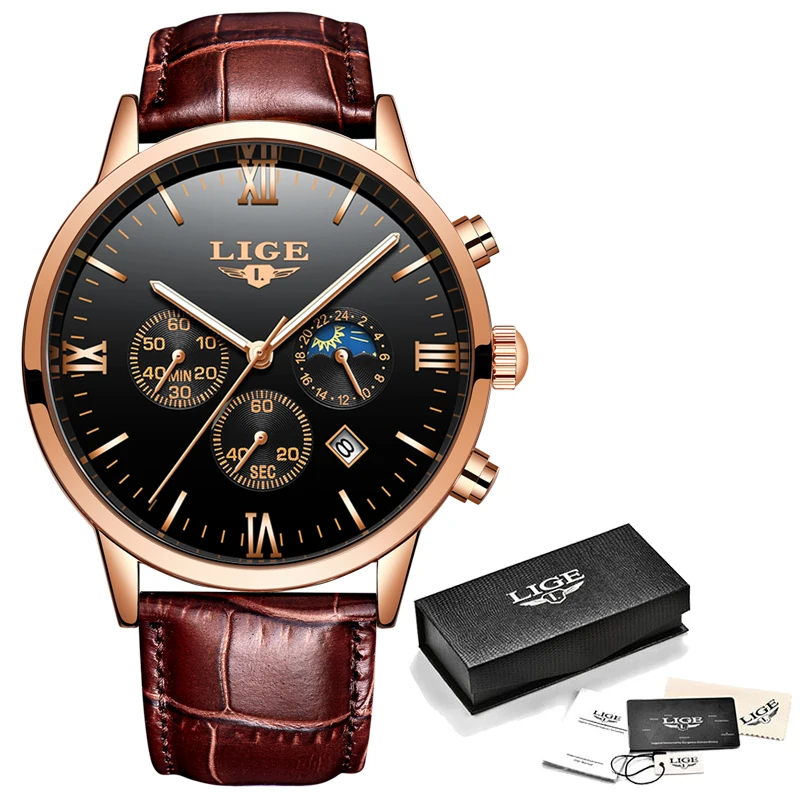 Reloj de hombre LIGE Men's Watches Men Business Fashion Leather Watch Moon phase Date Luminous Multi-function Sport Quartz Clock