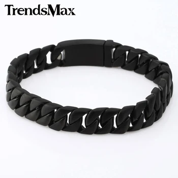 

Trendsmax 11mm Wide Curb Cuban Black 316L Stainless Steel Bracelet Mens Boys Chain Jewelry HB97