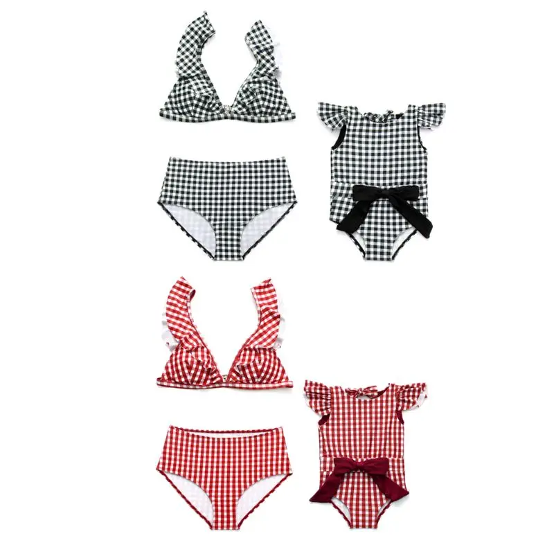 

Mother Daughter Family Matching Swimsuit Vintage Plaid Gird Pattern Printed Ruffles Patchwork Bikini Set Large Bowknot Decor Bac
