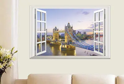 

London Tower Bridge Night View 3D Window Wall Decals Sticker Vinyl Mural Home Decor