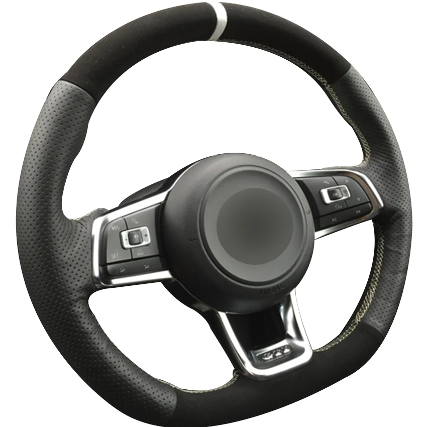 

Black Natural Leather Black Suede White Marker Car Steering Wheel Cover for Volkswagen Golf 7 GTI Golf R MK7 VW Polo GTI