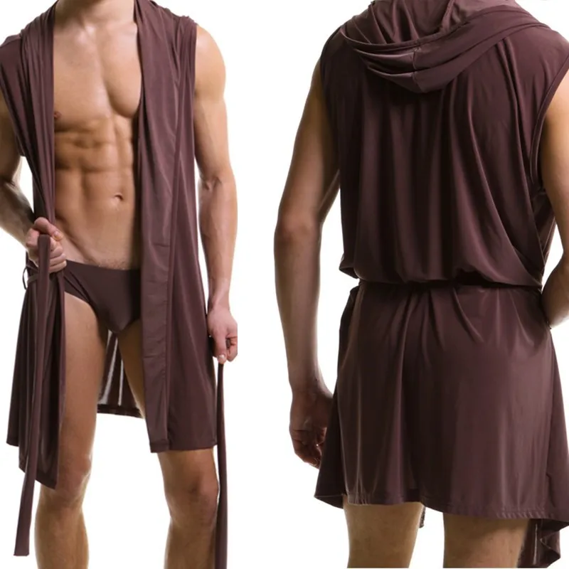 Горячий мужской Халат шелковистый сексуальный халат наборы с капюшоном шнурок пижамы