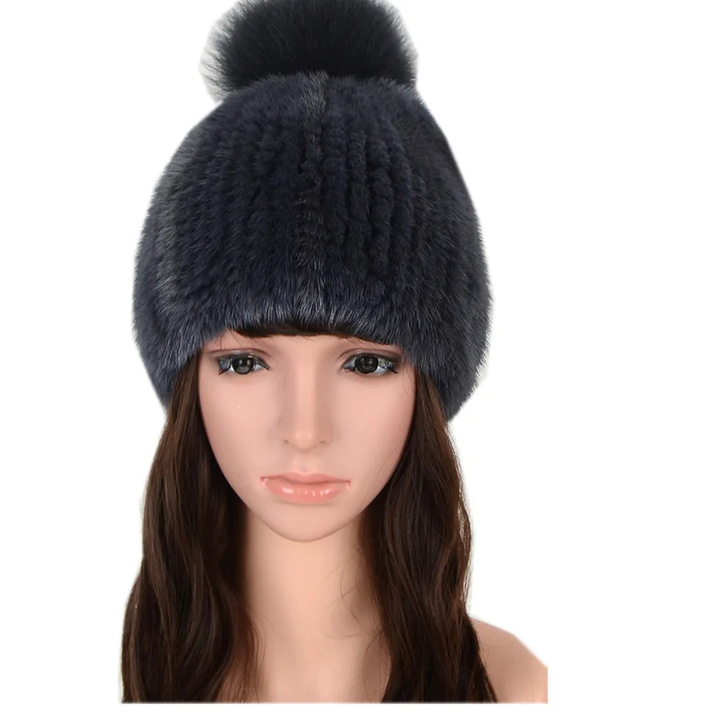 

Real Mink Fur Knitted Hat for Women Winter Knitted Mink Fur Beanies Cap with Fox Fur Pom Poms Brand New Thick Female Hat H#96