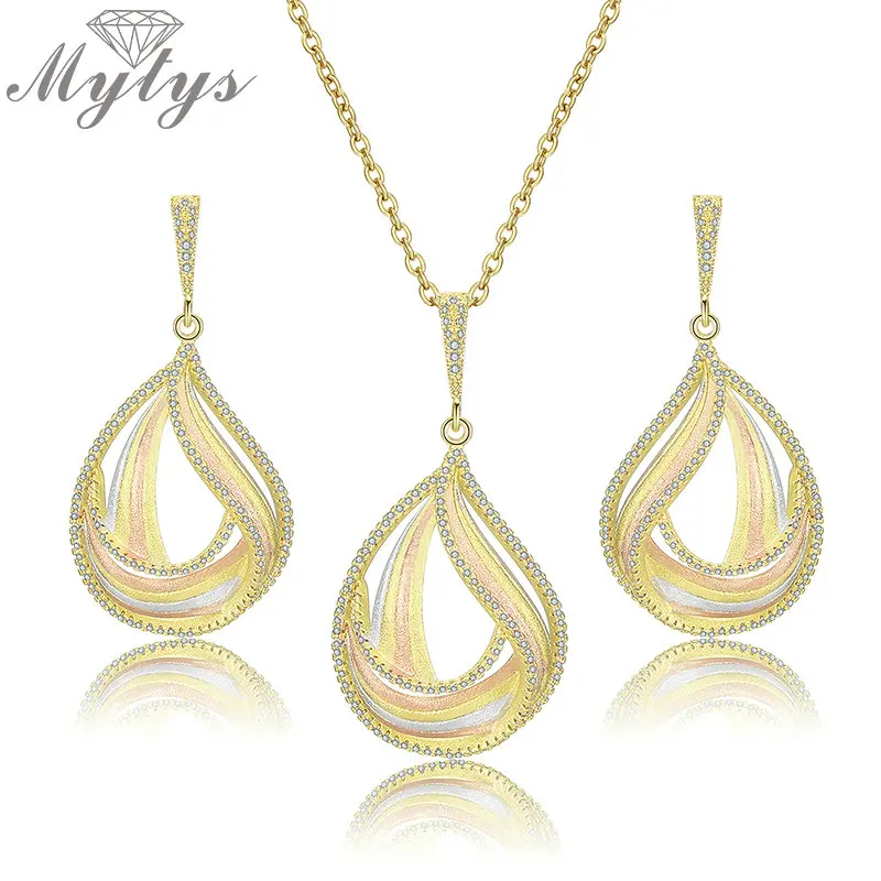 

Mytys Elegant Geometric Oval Pendant Necklace Earrings Jewelry Sets Cubic Zirconia Europe Fashion Wedding Party Three Tone Jewel