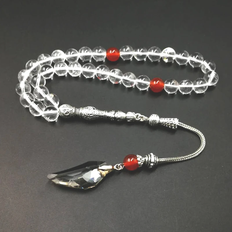 

Tasbih white transparent Crystal with red agates tassel transparent style Crystal color prayer beads 33 66 99beads stone Rosary