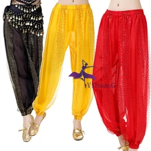 Костюм для танца живота, штаны-шаровары, Длинные индийские танцевальные штаны, шифон, с блестками, эластичный пояс, карнавальные костюмы для выступлений