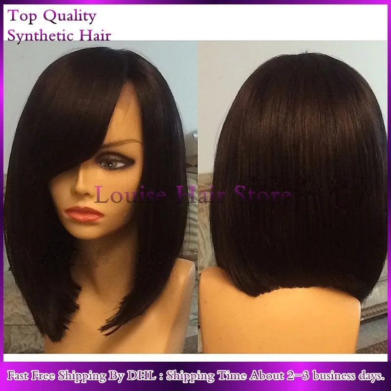 New Braided Short Bob Silky Straight Side Part With Bangs Glueless