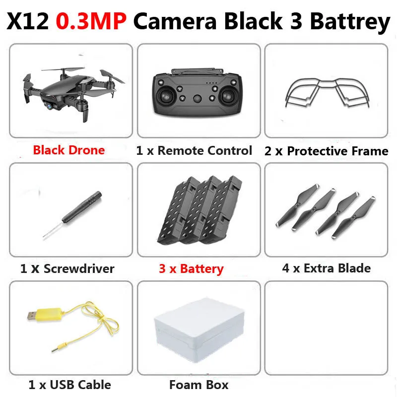 X12 WiFi FPV Mini Foldable Drone Camera 0.3MP 2MP HD Optical Flow Aerial Video Profissional RC Quadcopter Helicopter Toys SG106 - Цвет: 0.3MP Black 3B Foam