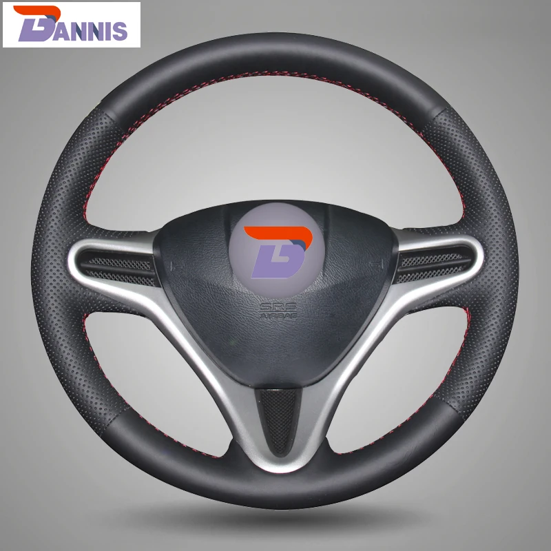 BANNIS Black Artificial Leather DIY Hand stitched Steering Wheel Cover for Honda Fit City
