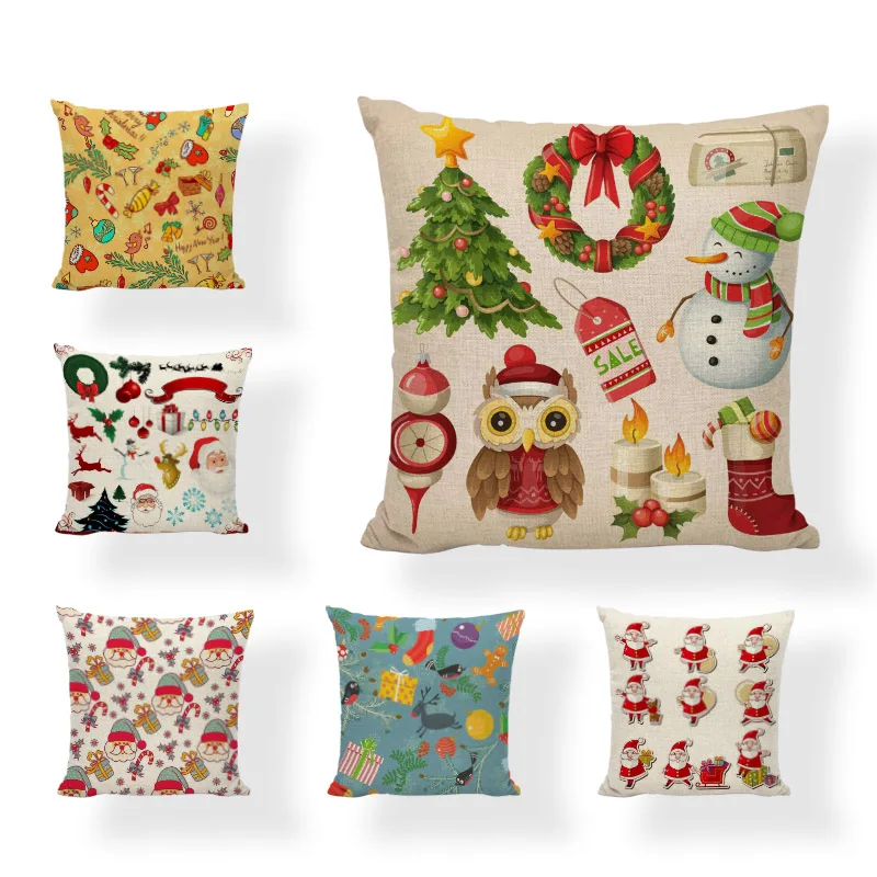 

Hot Sale Cartoon Santa Cushion Cover Bow Bell Christmas Tree Socks Snowman Decor Home Sofa Living Room Holiday Gift Pillowcases