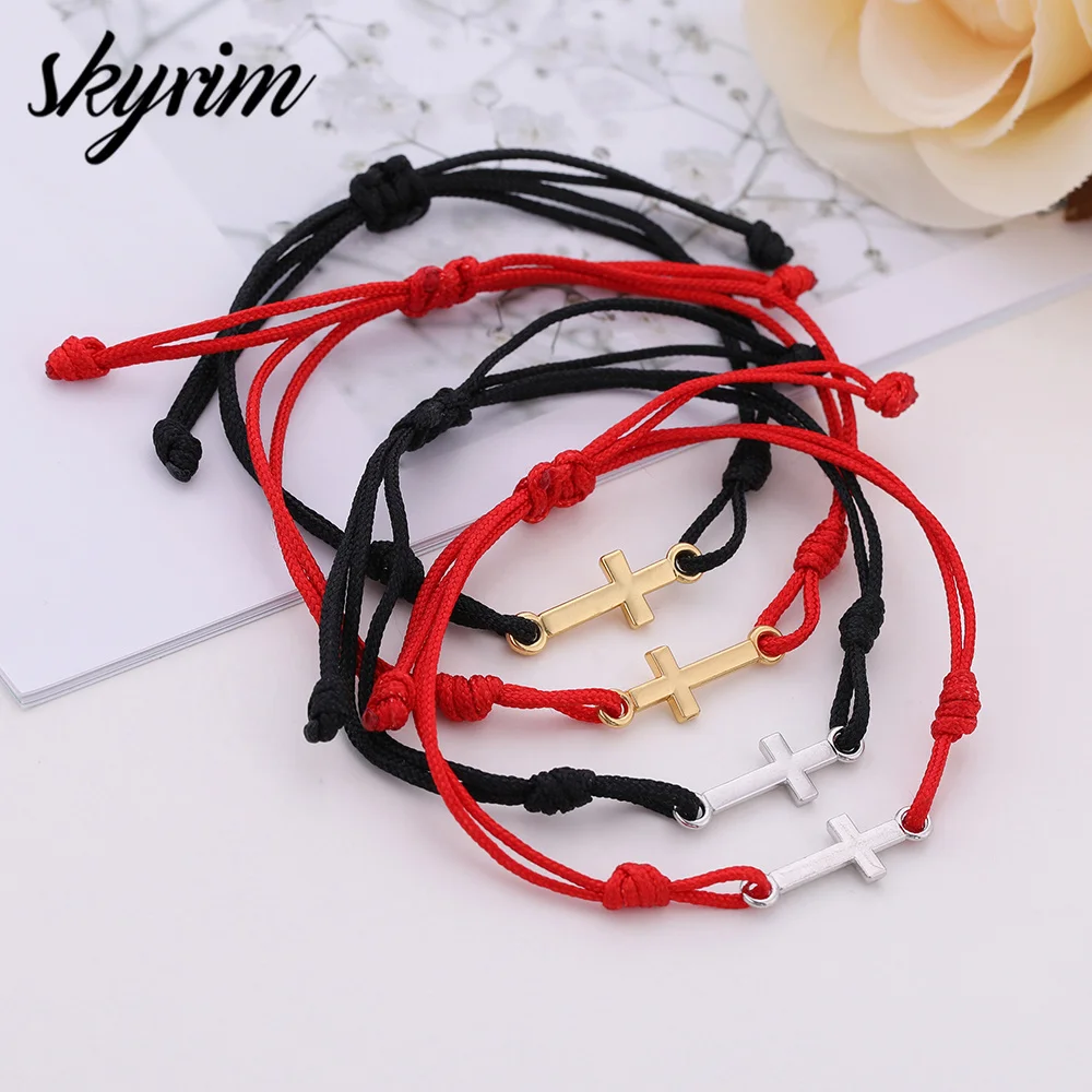

Skyrim Handmade Knot Religion Red Cord Cross God Bless Bracelet String Wax Rope Chain Weave Male& Female Pendant Bracelets