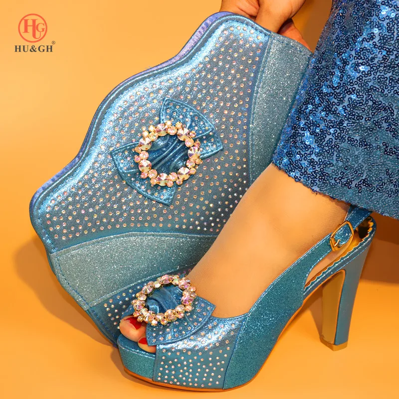 

Sky Blue Spike Heels Comfortable Shoes With Rhinestone Bag to Match Popular In African Women Party Shoes and Bag Set For Wedding