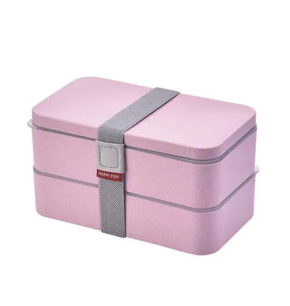 Pink 1200 мл пшеничной соломы двойной отдел для еды коробка с ложкой материал не вредит здоровью коробки для обедов бенто микроволновая печь контейнер для хранения Ланч-бокс - Цвет: Pink