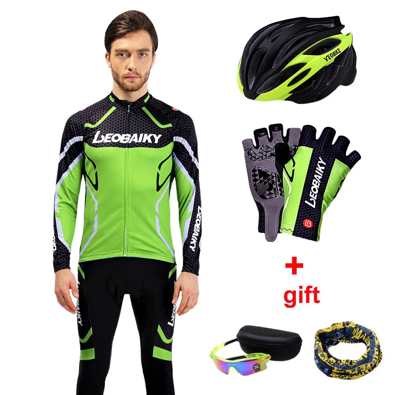 Pro Team Riding Clothing Set Cycling Jersey Men Long Sleeve Mens Bicycle Clothes MTB Wear Outdoor Bike Cycle Accessories - Цвет: full long set green