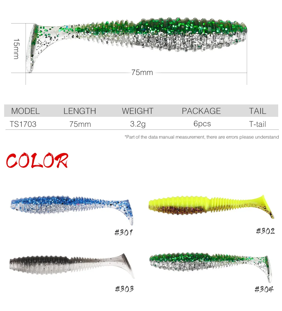 TSURINOYA Т хвост рыболовные приманки TS1703 7,5 см 3,2g искусственные мягкие приманки Светящиеся личинки свимбейт в форме червя бас приманка для щуки 6 шт./пакет