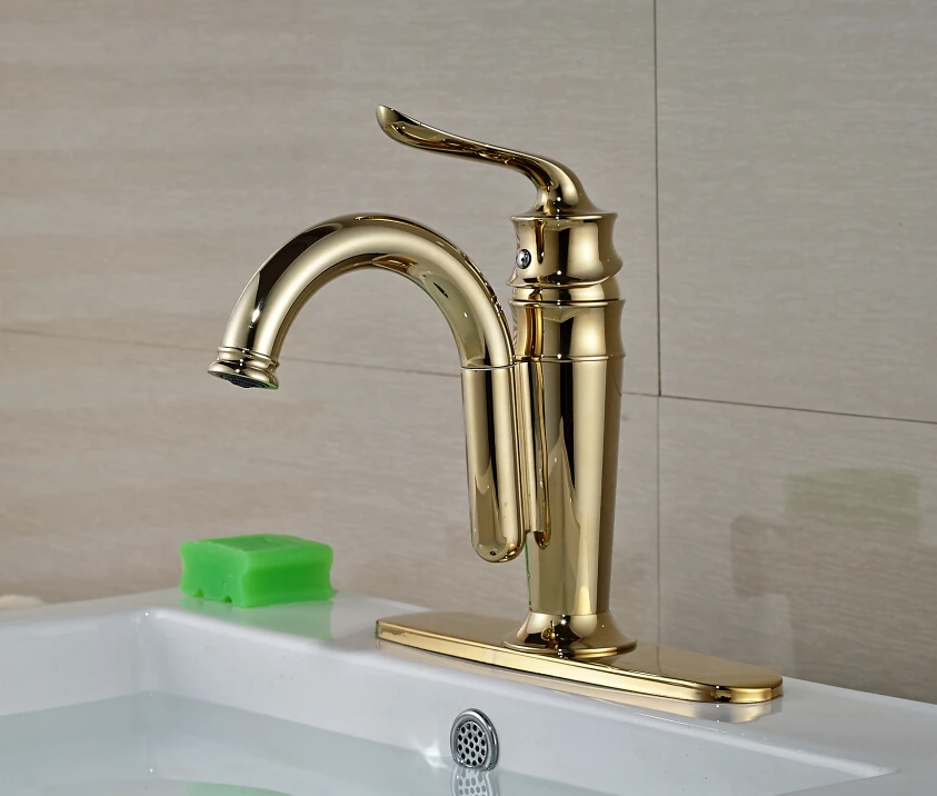 

Free Shipping ! Luxury Golden Finished Bathroom Basin Faucet Deck Mounted Mixer Tap With Base Plate