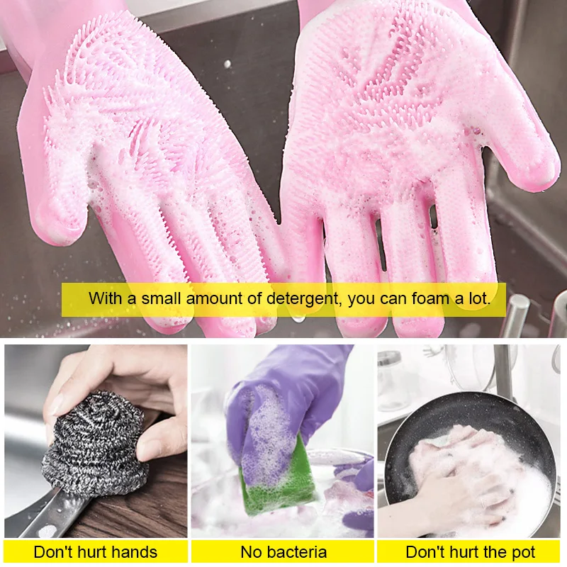 Magic Dish Washing Gloves, Silicone Cleaning Gloves, Kitchen Scrubber, Rubber, Household Cleaning Tool, Car Pet Brush, 1 Pairs