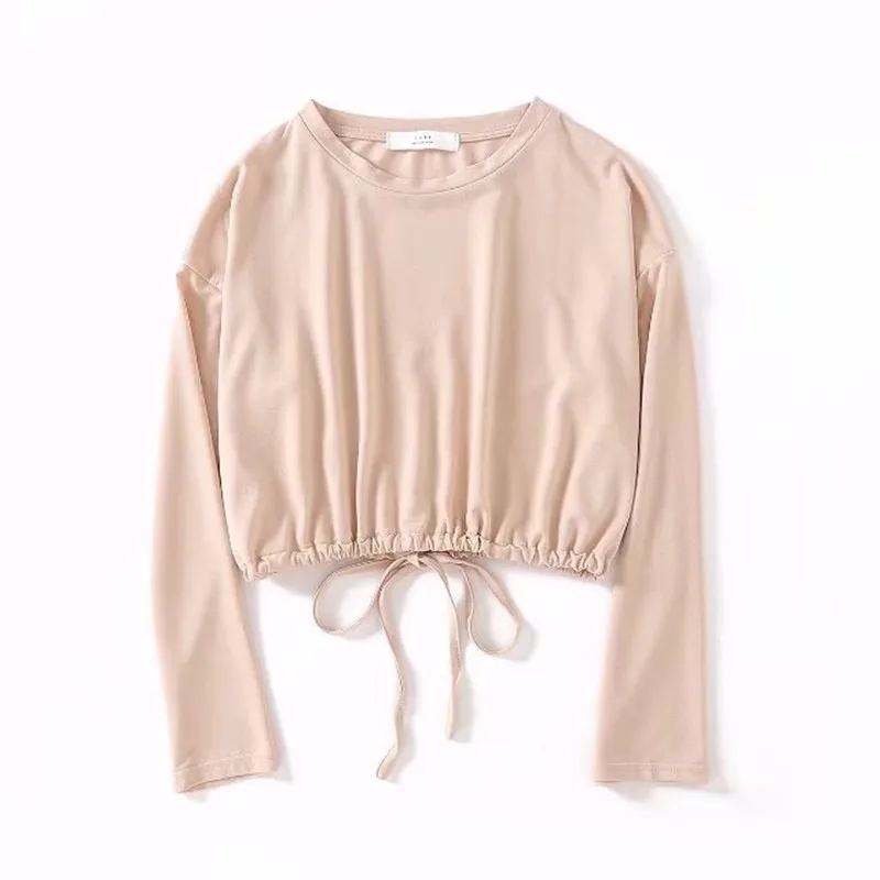 2018 лето новый стиль с коротким рукавом sweatershirts женский шнурок Круглый воротник