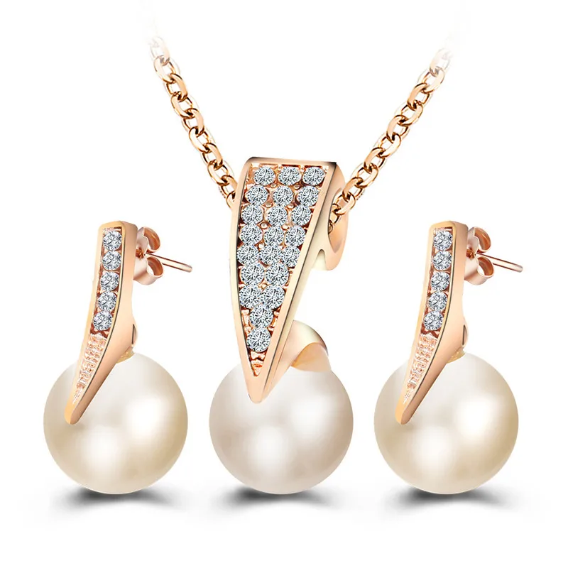 

Imitation Pearl Jewelry Sets Crystal Rhinestone Gold Color Necklace Sets for Women Bridal Wedding Water Drop Earrings Set