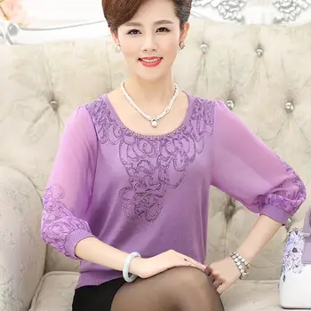 

NIFULLAN Spring Mother Three Quarter Sleeve T Shirt Loose Knitted Shirt Plus Size Women's Summer Clothing Knitwear Pullover
