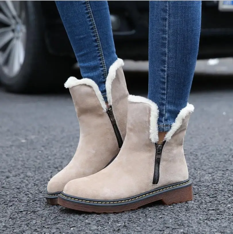 

CHAISHOU autumn and winter new leather genuine ankle boots woman warm cotton boots side zipper in the tube plus size snow boots