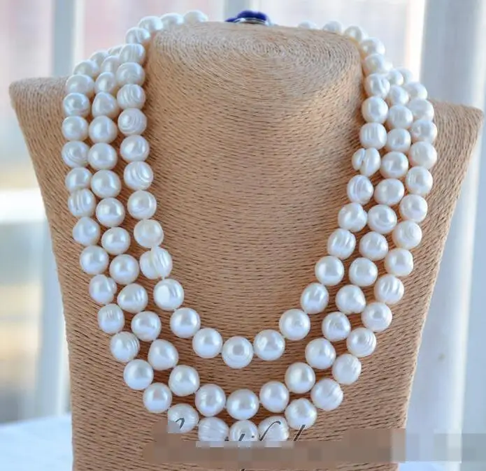 

FREE SHIPPING>>>@@ > 3892 3strands almost round white screw thread freshwater pearl necklace