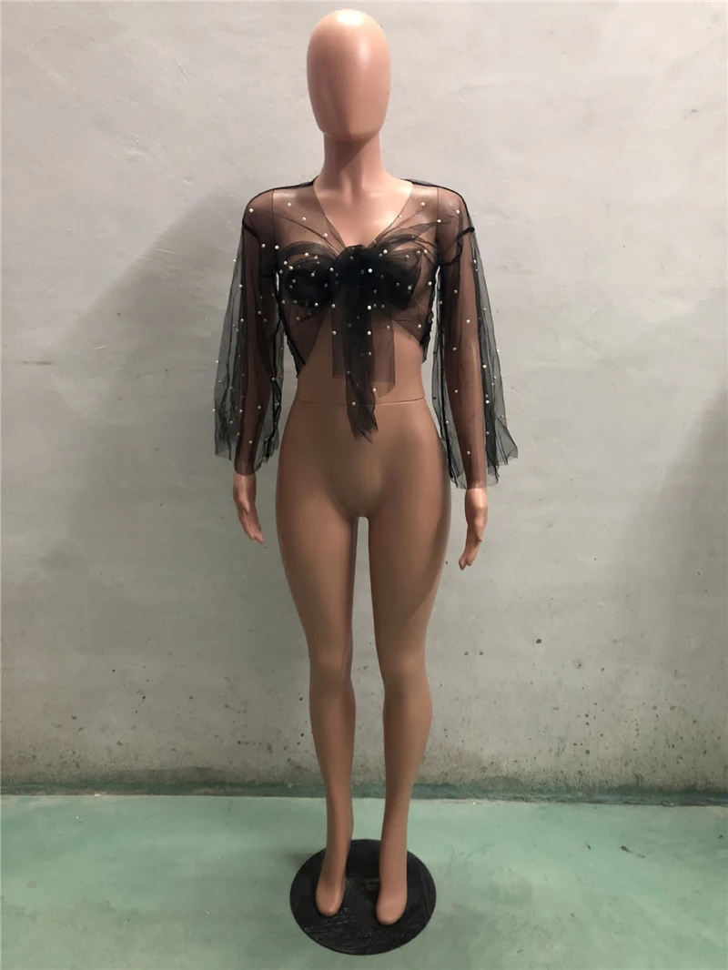 Женские Короткие Топы Блузы Adogirl прозрачные сетчатые с жемчугом на шнуровке v