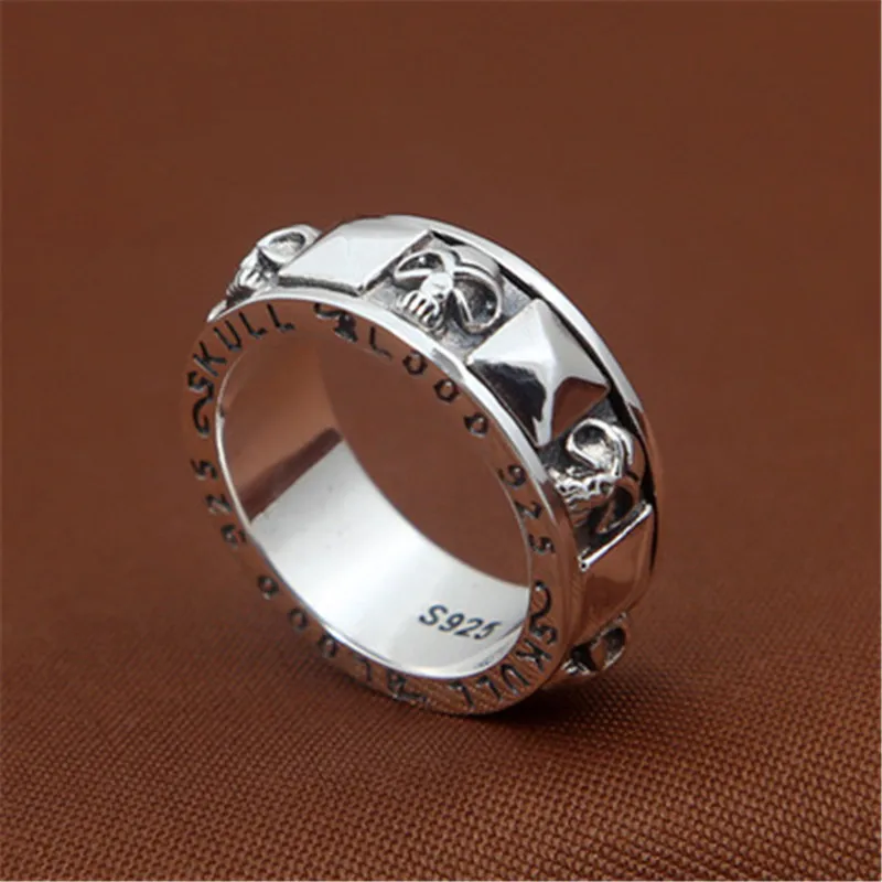 

BESTLYBUY S925 Sterling Silver Ring male Silver Skull rotating rings are domineering retro punk rock ring bague homme argent 925