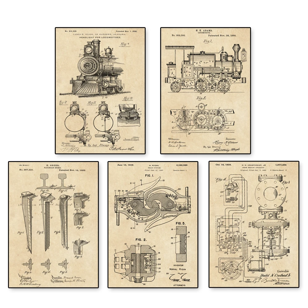 Винтажный Паровозик патент арт Паровозик сцепка плакат 5 в 1 поезд эскиз до детской стены Искусство классический поезд искусство