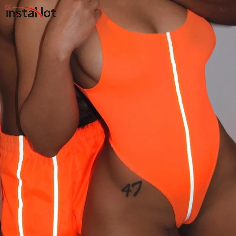 

InstaHot Orange Sleeveless Tank Bodysuits Women Sexy Low Cut Reflect Light Shiny Playsuits Clubwear Bodycon Basic Top 2019 Trend