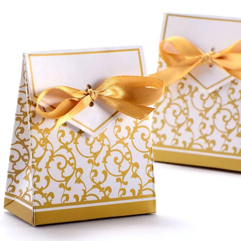 

New 10pcs Creative Golden Silver Ribbon Wedding Favours Party Gift Candy Paper Box Cookie Candy gift bags Event Party Supplies