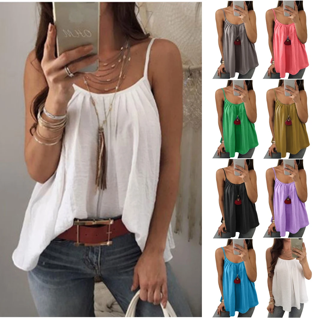 

6XL Summer Pleated Tank Tops Camis Women Sexy Spaghetti Strap Chiffon Vest Top Tunic Ladies Loose Tee Shirt Camisole Plus Size