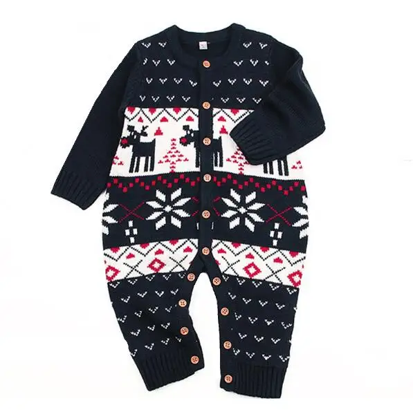 Christmas Newborn Baby Boy Clothes Fashion Long Sleeve Print Knitted Baby Rompers Baby Girl Clothes Kids Jumpsuit - Цвет: Dark blue