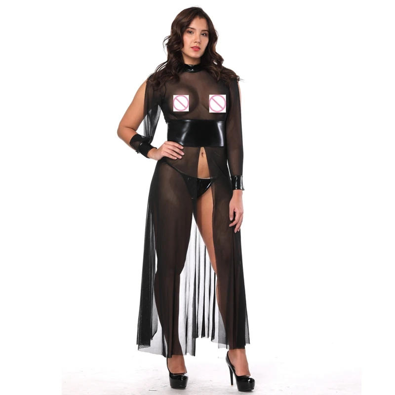 

CFYH New Split black latex PVC Round Neck long-sleeve Sheer mesh zipper sexy womens catsuit dress