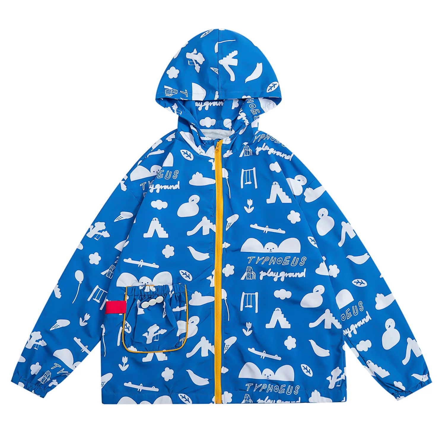 

Original Design Women Spring Hooded Basic Jacket Thin Blue Cartoon Printed Pockets Zipper New Autumn Casual Preppy Style Outwear
