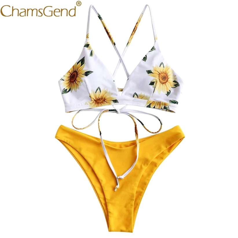 Conjunto de Bikini Sexy con estampado de girasol para mujer, traje de baño de dos piezas, traje de baño 9060