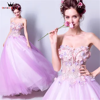 

QUEEN BRIDAL Evening Dresses Strapless 3D Flowers Beading Long Purple Party Prom Dress Gowns 2020 New Vestido De Festa LS78