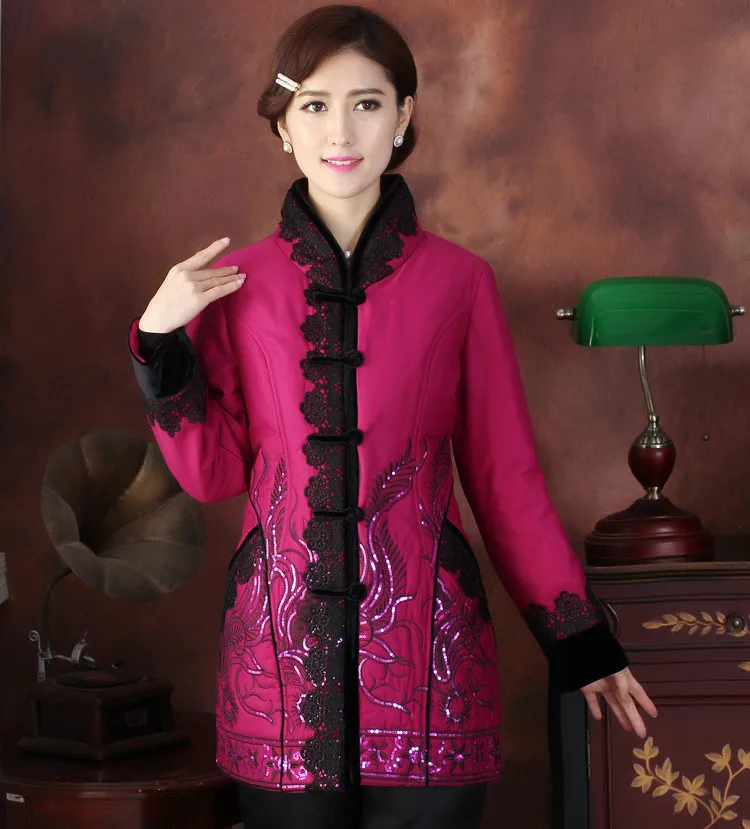 Новая Китайская традиционная Женская зимняя стеганая куртка с цветочной вышивкой и пайетками L XL XXL 3XL TF 014