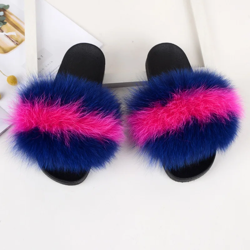 New Mixed Color Real Fox Fur Slippers Slides Casual Shoes Fluffy Slippers Flip Flops Furry Shoes Women