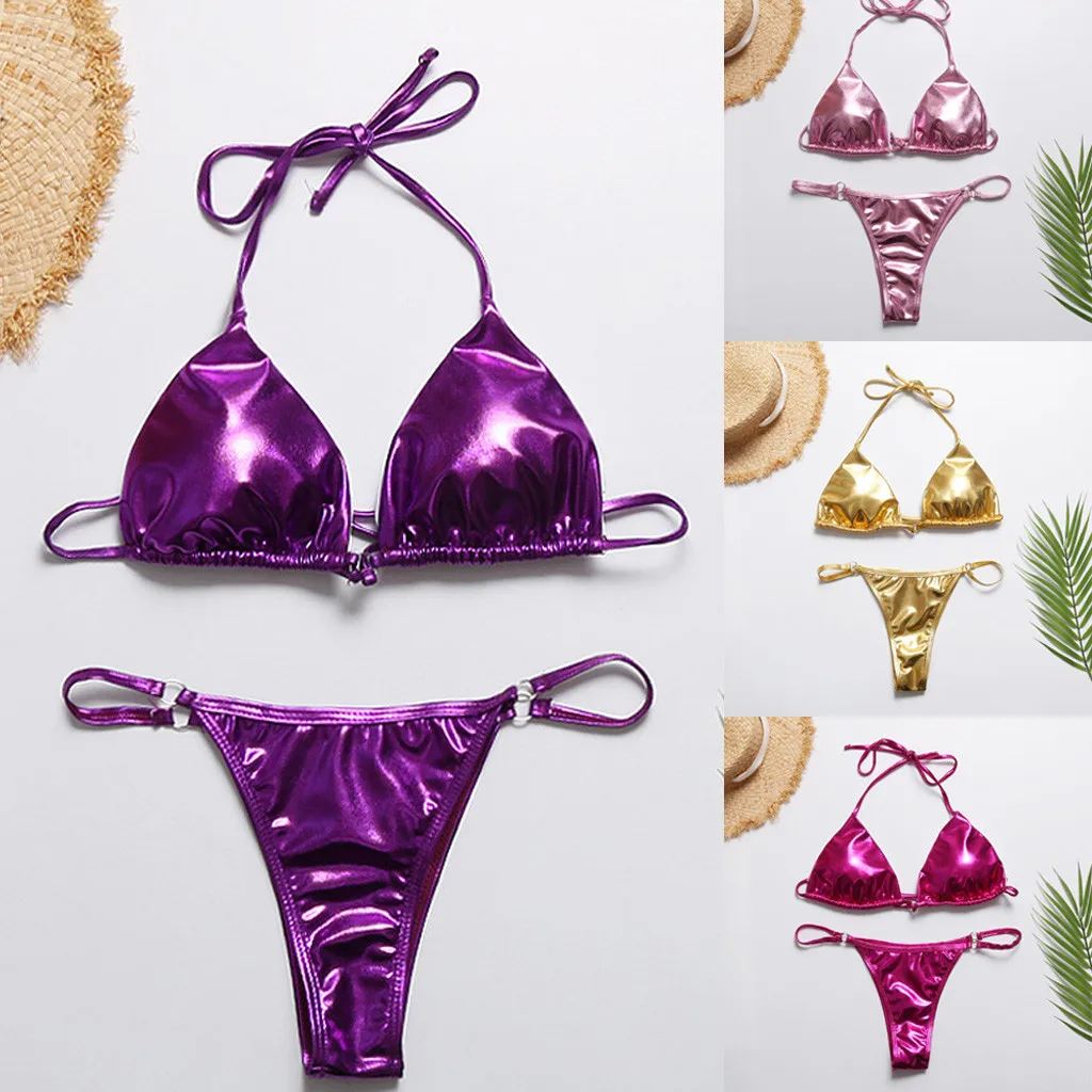 

Women Solid Color Pink Yellow Mini Thong Bikini Set Swimming Two Piece Swimsuits Split Swimwear Beach Bathing Suit Summer Nylon