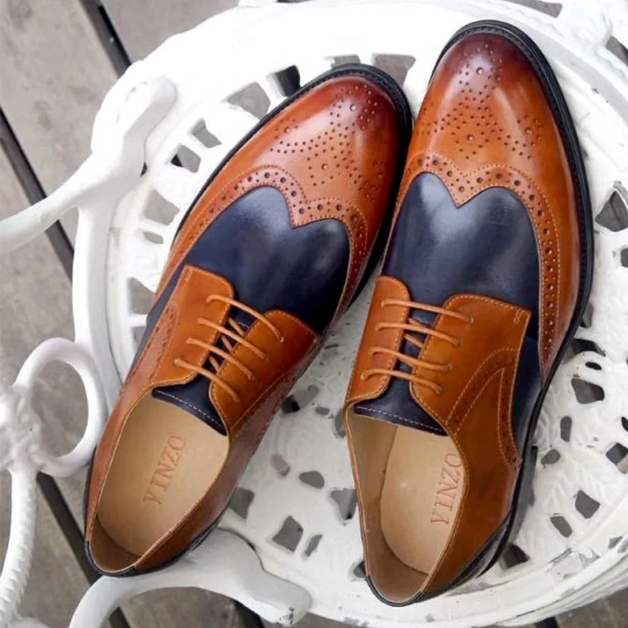 Мужская официальная обувь; Кожаные Туфли-оксфорды для мужчин; свадебные Мужские броги; офисная обувь; мужская обувь на шнуровке; zapatos de hombre - Цвет: brown navy
